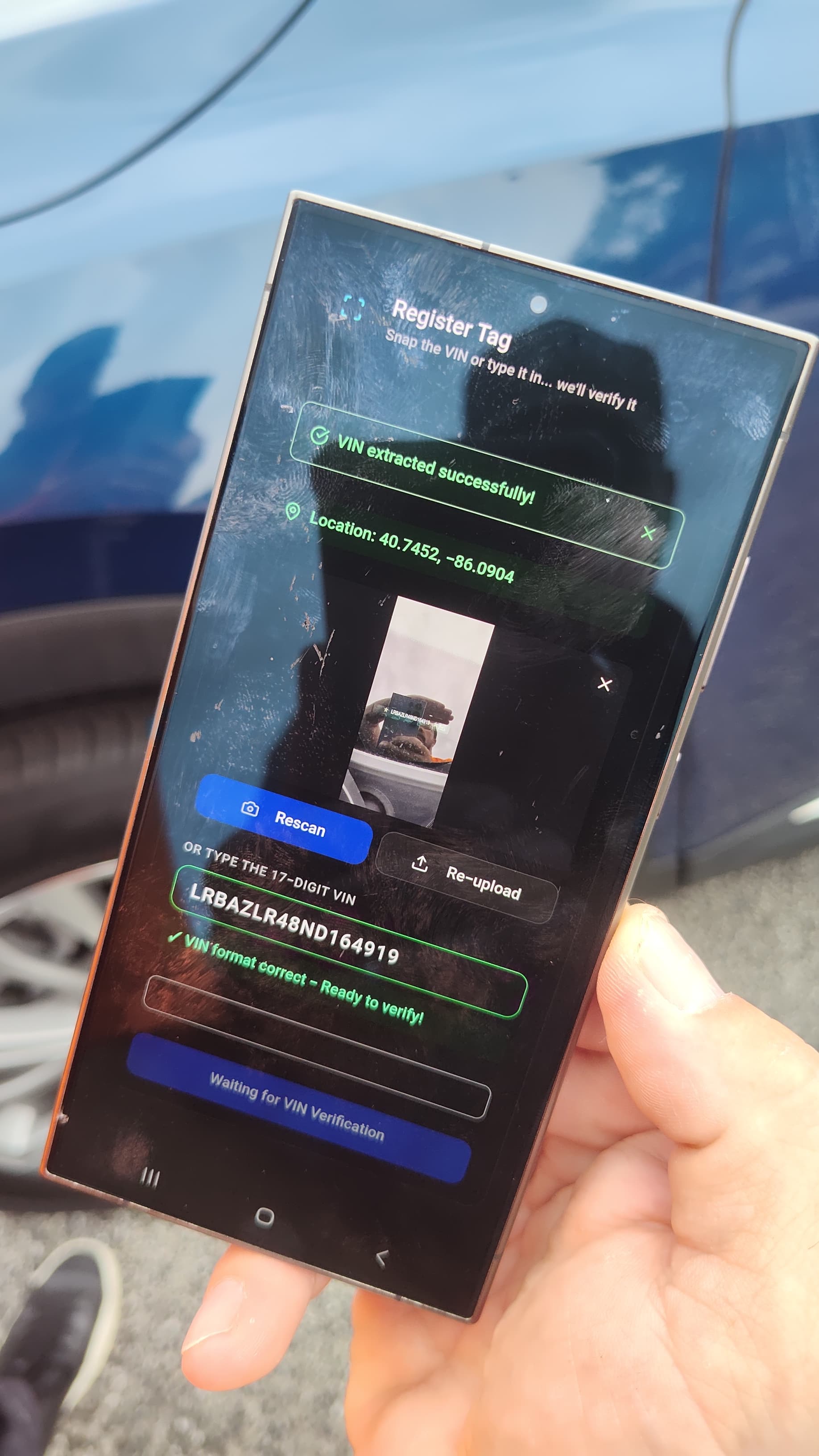 The Register Tag screen... AI reads the VIN off a photo, stamps the GPS, ready to verify in seconds